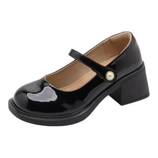 赴约^化雾语圆头酒红珍珠JK女学生复古风高跟法式仙玛丽珍牛皮鞋