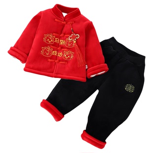 中国风宝宝唐装套装马年男女童加厚立领盘扣周岁礼服新年拜年服红