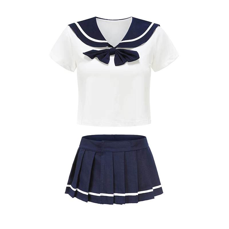 夏何夕学生制服套装白蓝色辣妹JK制服超短百褶裙蝴蝶结甜美风睡衣