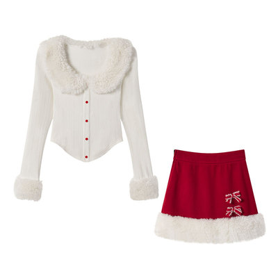 甜美风杏色毛领针织衫女冬