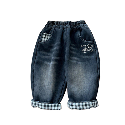 男童一体绒牛仔裤冬款宝宝加绒格子翻边长裤婴儿加厚保暖裤子 a类