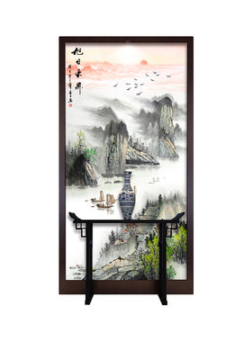 5d新中式山水油画竖版玄关背景8d