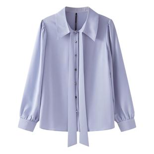CHICBLISS 雾霾蓝可拆卸蝴蝶结衬衫女雪纺通勤垂感面试衬衣女长袖