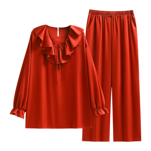 悦内睡衣女士春秋款秋季长袖冰丝绸薄款家居服大红色本年马年新年