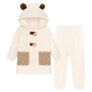 珊瑚绒睡衣女款冬季加绒加厚保暖三层夹棉法兰绒可外穿家居服套装