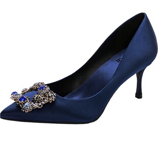 LUKE蓝色高跟鞋女气质高级感名媛通勤细跟轻奢宴会绸缎单鞋不累脚