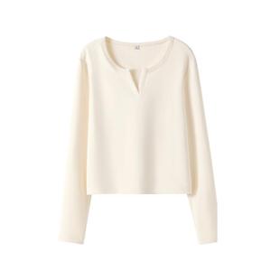 班尼路S&K系列杏色V领长袖t恤女秋季新款显瘦紧身卫衣休闲上衣女N