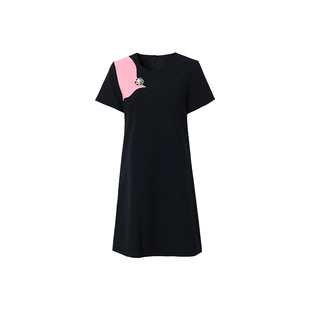 海青蓝 裙子女夏圆领短袖纯色高级女装中长款连衣裙女2026新款