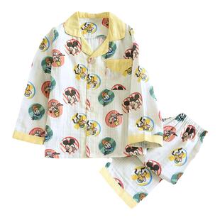 迪士尼儿童春夏季薄款纯棉纱布男童家居服可爱米奇翻领长袖睡衣套