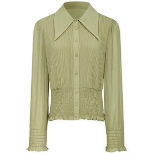 曼德诗纯色设计感衬衫2025秋装新款时尚显瘦弹力压褶打揽收腰衬衣