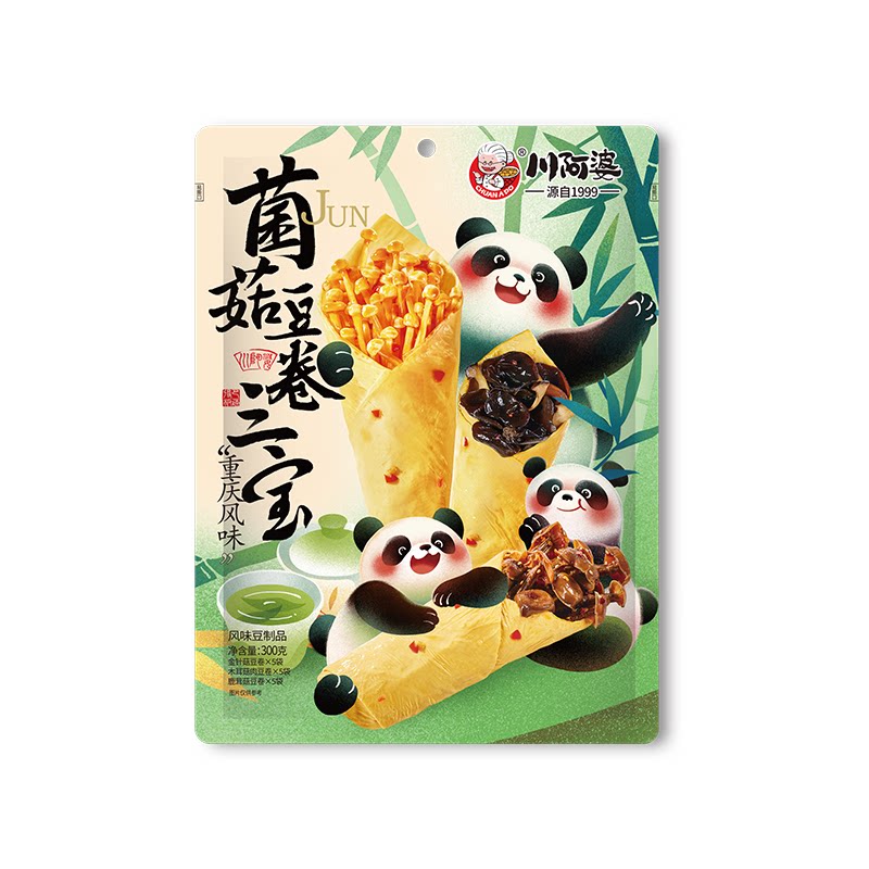 川阿婆菌菇三宝金针鹿茸菇木耳豆卷鲜嫩多汁香辣解馋饱腹休闲零食