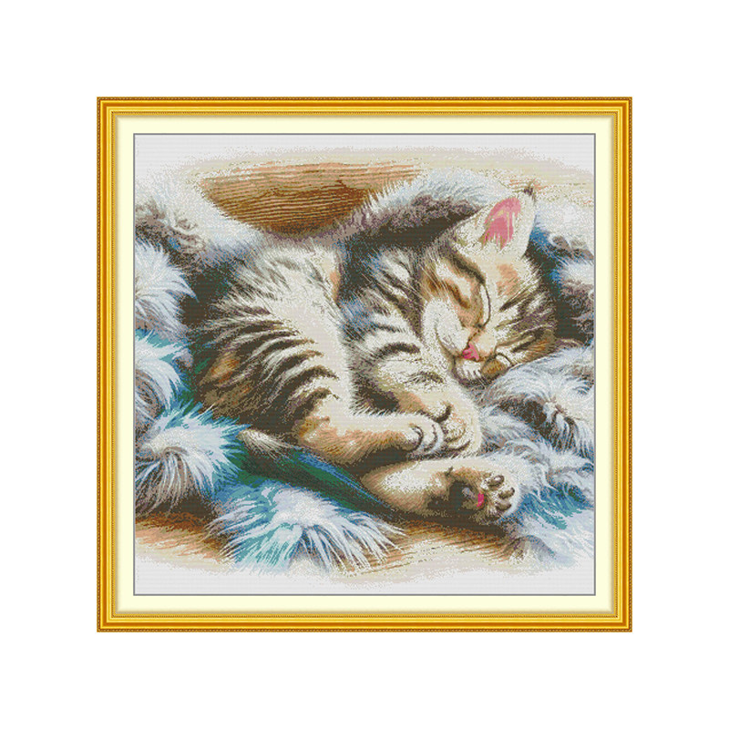 毛茸茸睡觉小猫十字绣动物静物装饰画大格棉线丝线新款自己绣套件
