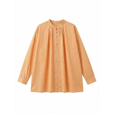 橙色匹马棉立领褶皱长袖上衣