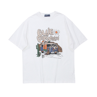 From Mars 破旧的汽车 复古酒红色美式趣味字母潮牌休闲短袖T恤夏