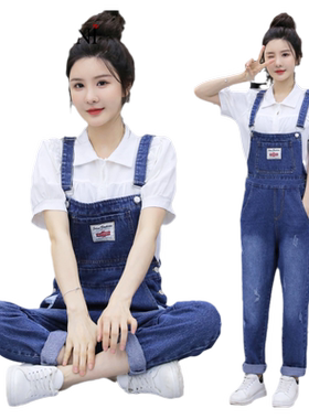 韩版宽松牛仔背带裤女夏季薄款大码减龄ins潮阔腿直筒连体裤套装