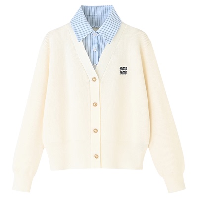 女装牛仔衬衫领拼接毛衣开衫