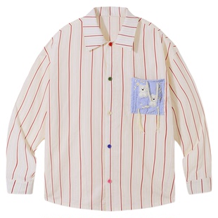 PSO Brand 男装女装可爱西高地撞色条纹女士衬衫外套长袖休闲衬衣