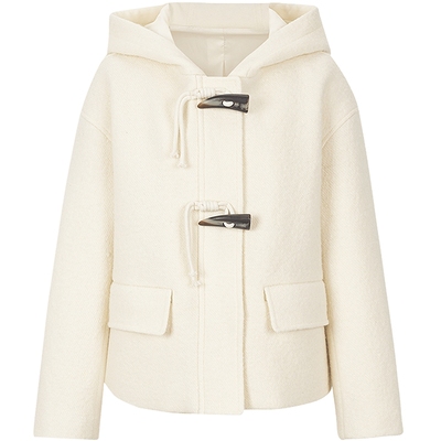 米色短款牛角扣毛呢外套kbne2025秋冬季新款夹克气质羊毛连帽上衣