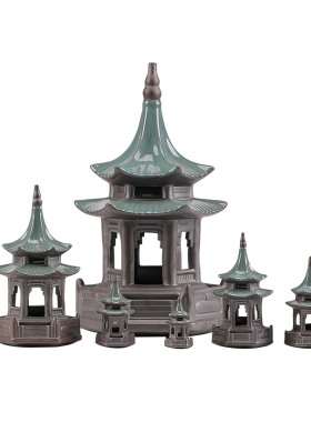 小亭子鱼缸造景六角亭小宝塔假山园艺盆景陶瓷茶道桌面摆件微景观