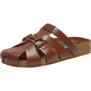 真美诗沙丘落日夏新款复古牛皮勃肯鞋软木鞋拖鞋女YVT13BT4