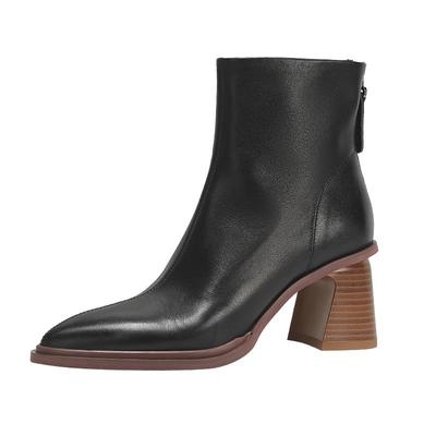 吴大叔秋冬真皮女短筒靴尖头高跟