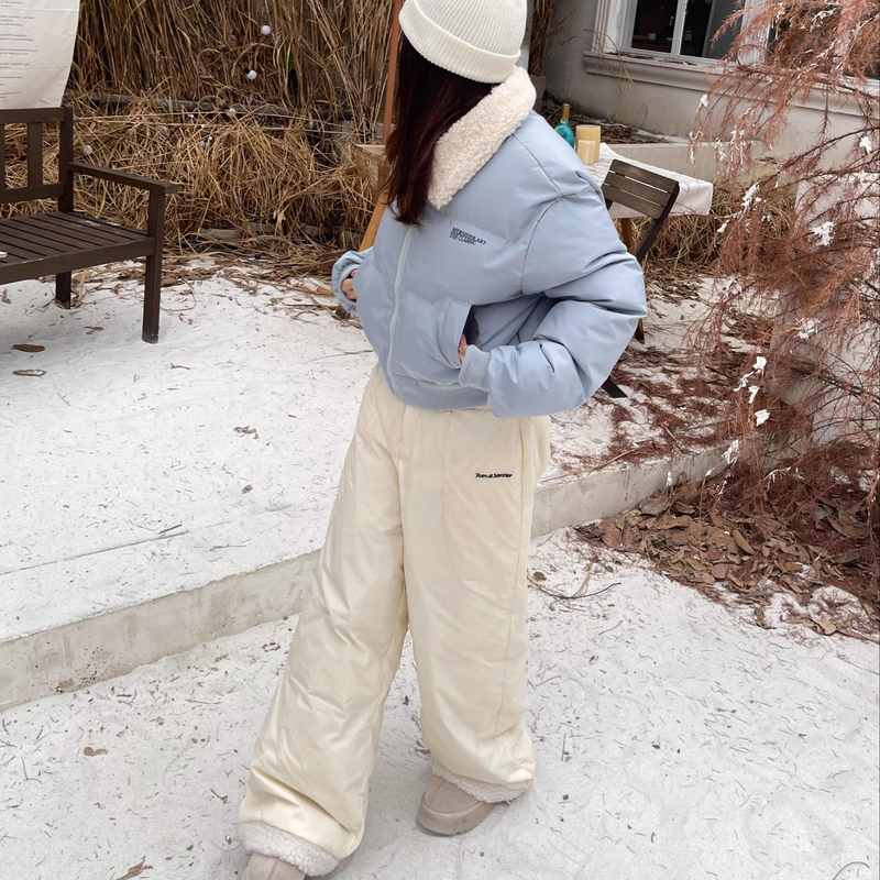 布零零美式羽绒棉裤女冬季外穿宽松加绒加厚保暖白色滑雪工装裤子