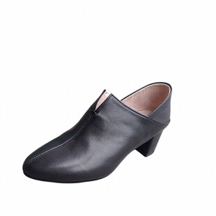 Bata拔佳复古单鞋女2024春季新款羊皮粗跟通勤优雅高跟单鞋25001