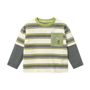 右欧男童条纹打底衫假两件女童长袖T恤春秋新款童装儿童内搭上衣