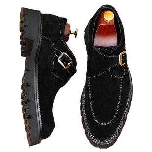 商务休闲皮鞋男款2025新款真皮反绒英伦尖头一脚蹬正装搭扣孟克鞋