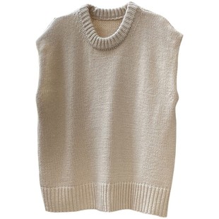 花杏羊毛圆领针织马甲秋季新款日系外搭叠穿套头宽松无袖背心女