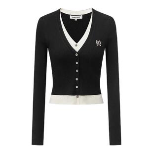 CLIMAX VISION天丝羊毛混纺刺绣logo假两件V领针织开衫毛衣女款