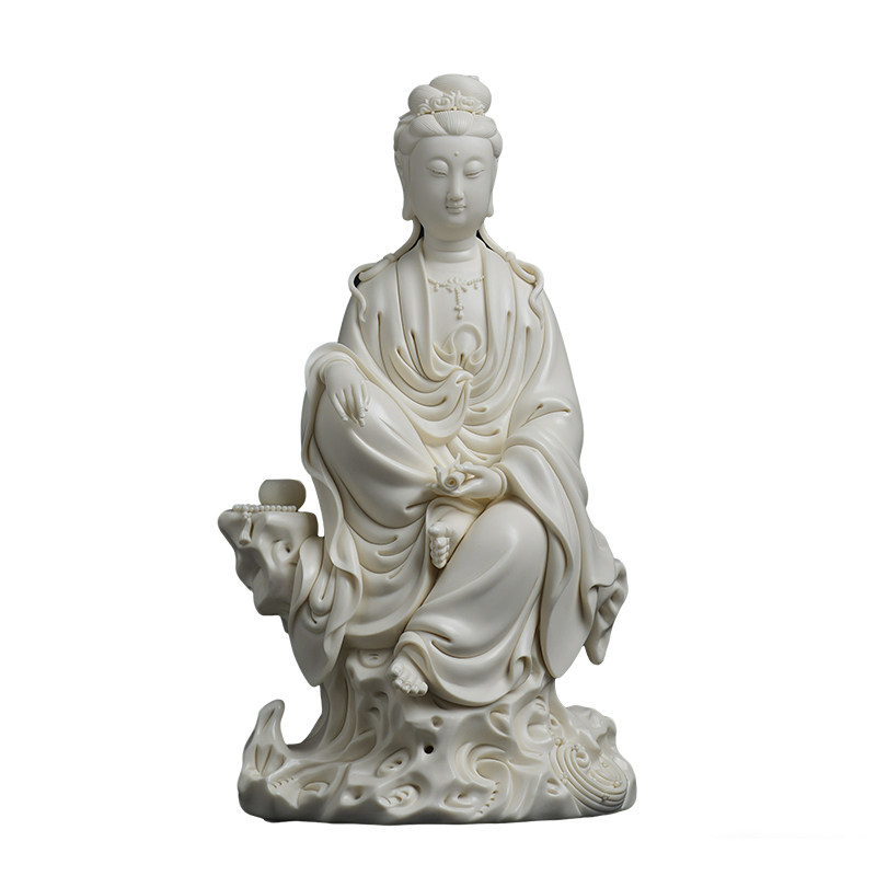 戴玉堂陶瓷周金田《坐岩持经观音仿古瓷》家用佛像观世音菩萨摆件