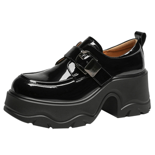 MILLIE'S/妙丽2026英伦风厚底乐福鞋女款黑色漆皮双扣增高松糕鞋