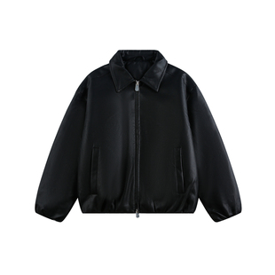 白鸭绒翻领黑色PU皮衣羽绒服男冬季2025新款加厚保暖宽松休闲外套