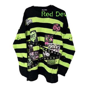 【AGD】RedDevil亚文化remake毛衣emo风黑绿条纹毛衣小众设计原宿