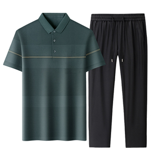 鹿竹爸爸夏季套装新款中年男士棉质短袖t恤POLO衫中老年男装裤子