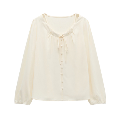 大码女装温柔气质系带衬衫上衣