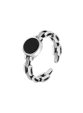 新银季链条造型纯银开口戒指女简约精致黑石装饰个性时尚百搭通勤