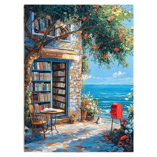 海边书店宫崎骏风格客厅装饰画治愈系风景餐厅咖啡厅氛围挂画摆画