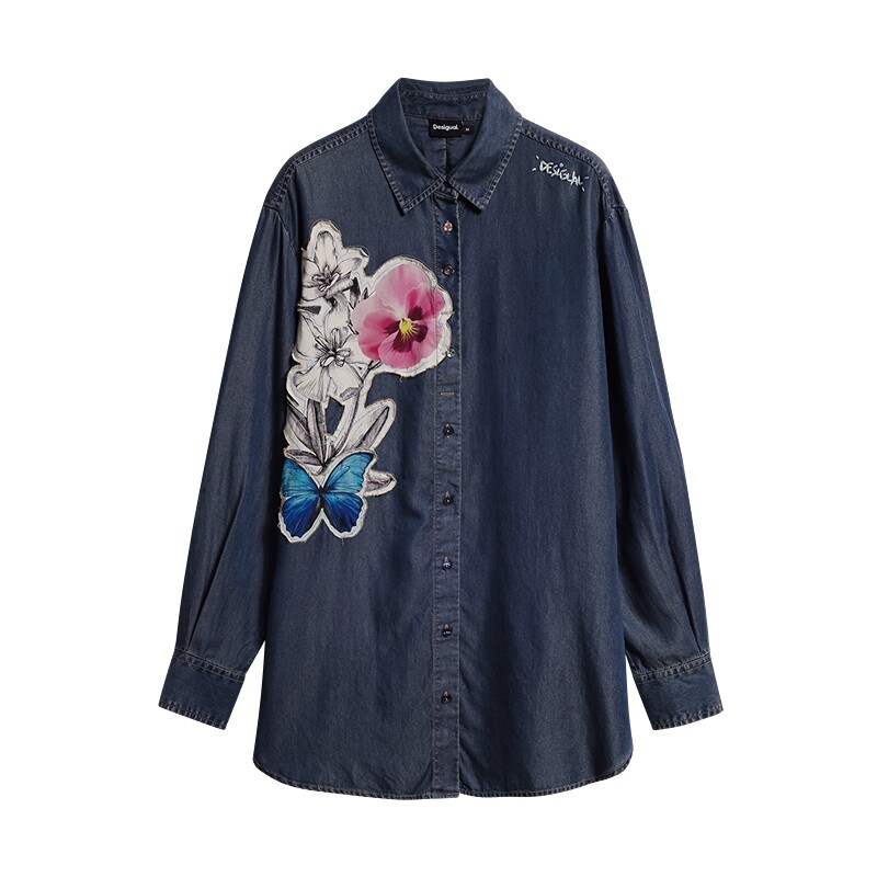 Desigual26秋冬新品宽松花卉印花贴布长袖仿牛仔女式衬衫