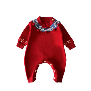 婴儿新年衣服冬季宝宝连体衣冬装加厚保暖百天周岁婴幼儿喜庆爬服