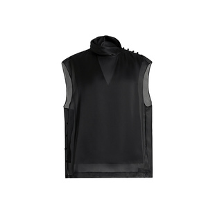 ZHUCHONGYUN2026春新款缎面堆叠领双层叶型围巾领无袖上衣