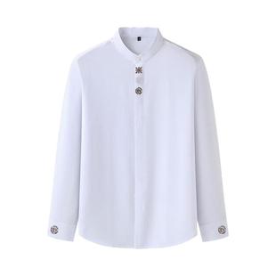 小立领衬衫男长袖春季刺绣改良中山装大码胖子300斤宽松衬衣圆领