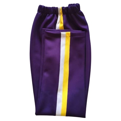 深紫前黄后白运动直筒长裤滑料