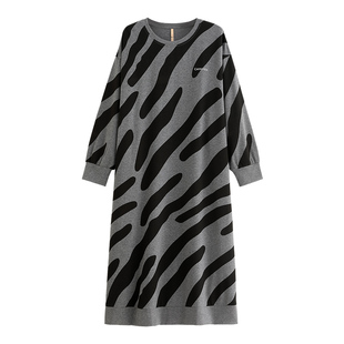 家乐芬睡裙女款睡衣春秋季纯棉长袖长款长裙斑马纹休闲可外穿出门