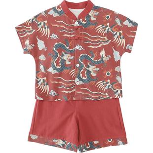 周岁男宝礼服夏季短袖新中式女宝红色喜庆两件套儿童夏装宝宝套装