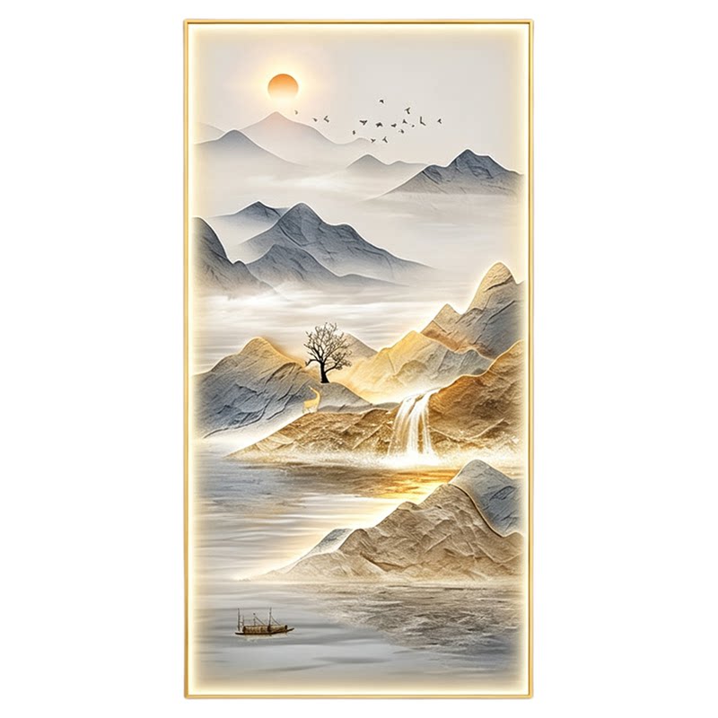 现代轻奢高档入户玄关装饰画旭日东升走廊过道挂画山水画客厅壁画