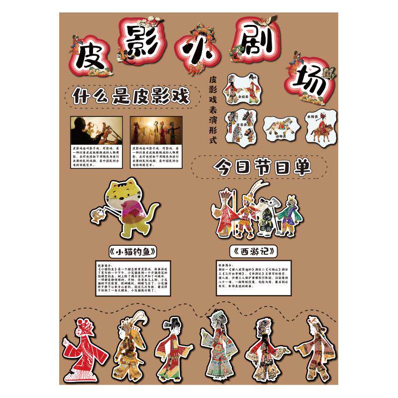 幼儿园皮影戏主题墙环创成作品布置中国非遗文化墙面装饰贴画材料