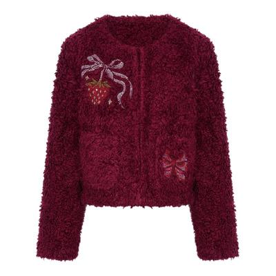 TCH百搭时尚烫钻红色圆领短毛毛外套女潮2025冬季新款T75D27E1017