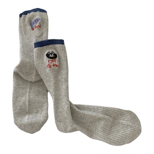 不会丢的袜子 小猫吃鱼中筒袜女款纯棉卡通外穿不对称鸳鸯袜秋季